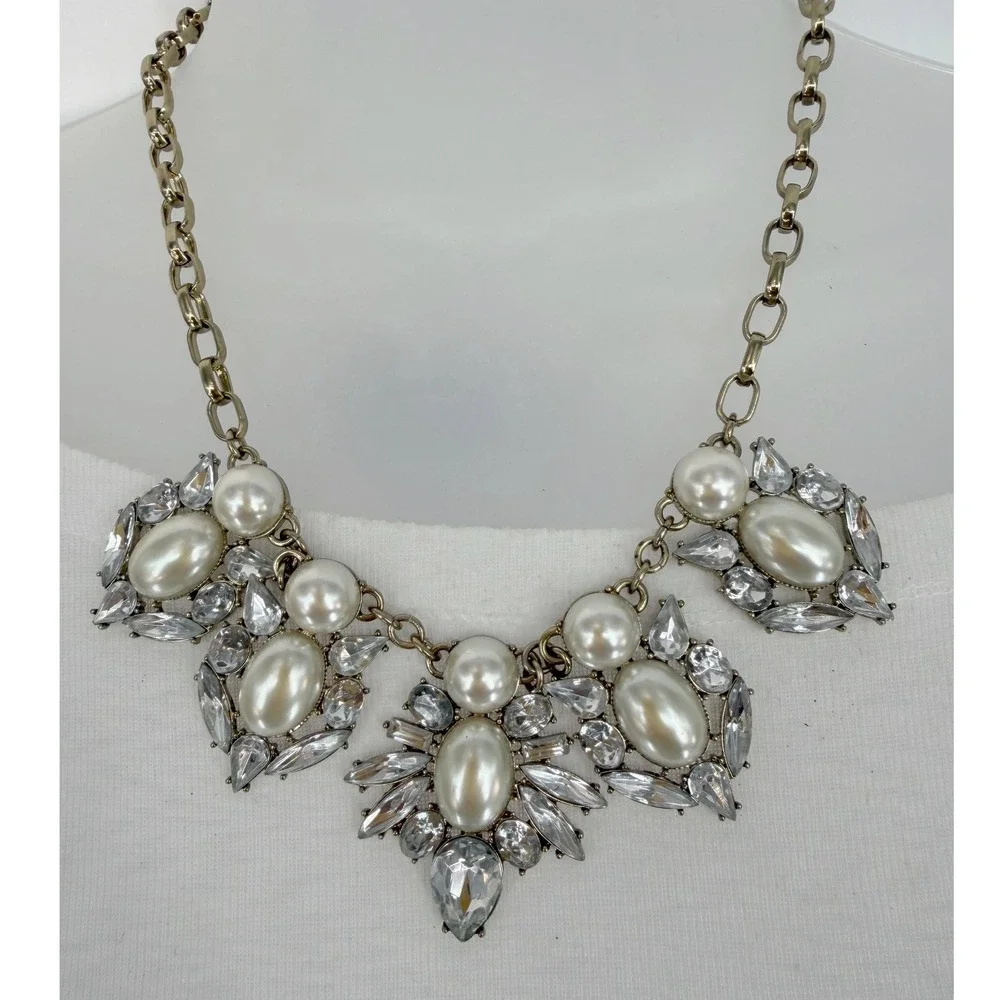Faux Pearl Crystal‎ Bib Necklace Gold Tone Bridal Chic Formal Jewelry 103-170